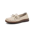 Beige genuine leather loafers for women with perforated floral design and rubber sole - 35 / Beige