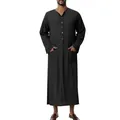 Detail of a traditional black men's long-sleeved robe with buttoned V-neck and pockets - S / Robe / Black