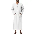 Men's traditional white long-sleeved robe with button detail and side pockets - White
