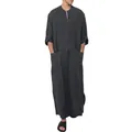 Mens vintage long sleeve robe thobe in charcoal grey linen-look loose fit kaftan - S / Robe / Gray
