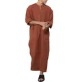 Vintage men's long sleeve kaftan robe in rust brown cotton linen blend - S / Robe / Brown