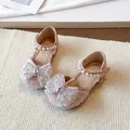 Pink glitter princess shoes for girls featuring pearl straps and decorative rhinestone bows - 21 / Princess Style (HSH-888) / Pink