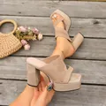 Eleganti sabot platform in maglia beige con tacchi alti spessi e punta aperta alla moda - Kaki