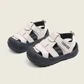 Beige toddler closed-toe anti-slip summer beach sandals featuring a soft black rubber sole - Size 26 (Inner Length 16.5cm) / Off White