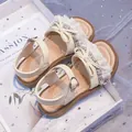 Sweet beige girls' princess sandals with elegant lace ruffles and decorative bow detail - 26 / Beige