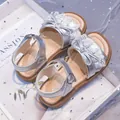 Elegant silver princess sandals for girls featuring lace bow detail and soft sole design - 26 / Silver