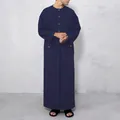 Loose navy blue long-sleeved thobe robe with round neck and button detail for men - Dark Blue