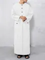Elegant loose white long-sleeved thobe for men with round neck and wooden buttons - White