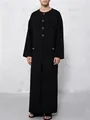 Elegant men's loose black long-sleeved robe featuring a round neck and flap pockets - Black