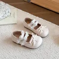 Sweet beige girls' princess shoes featuring floral lace straps and cute bow detail - Beige