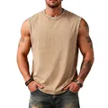 Men's heavy cotton sleeveless vest in retro washed khaki style for gym and casual wear - Khaki