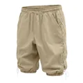 Detail of men's beige linen 3/4 pants featuring lace-up sides and drawstring waist - Khaki