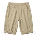 Vue détaillée de face du pantalon trois-quarts en lin kaki pour homme avec laçage blanc latéral. - Kaki