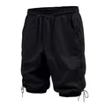 Detailed view of men's black linen cropped pants with side lacing and drawstring - S / Bottoms / Black