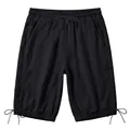Vista dettagliata dei pantaloni 3/4 in lino nero con lacci laterali e coulisse - Taglia S / Pantaloni e gonne / Nero