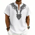 Detailed view of white linen-blend shirt featuring a black Celtic knot rune print design - White