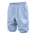 Detailed view of light blue linen 3/4 pants with drawstring and side lace-up design - Light Blue