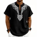 Detail of men's black slub linen V-neck shirt with white Celtic knot print on chest - Black