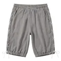 Vue détaillée du pantalon 3/4 en lin gris avec laçage latéral et taille à cordon. - Gris foncé