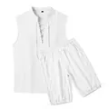 Casual white men's sleeveless linen set with stand collar and lace-up shorts detail - S / Top And Bottom / White