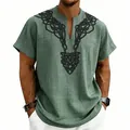 Close-up of intricate black Celtic knot print on green bamboo linen men's shirt - Green