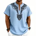 Close-up detail of men's light blue slub linen shirt featuring black rune print. - Light Blue