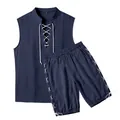 Detail view of navy linen-style sleeveless top and matching drawstring shorts set - S / Top And Bottom / Navy Blue