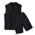 Men's black linen sleeveless lace-up top and drawstring shorts two-piece set - S / Top And Bottom / Black