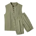 Lace-up details on olive green men's linen sleeveless top and drawstring shorts set - S / Top And Bottom / Army Green