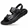 Sandalias de playa clásicas de cuero negro para hombre con hebillas y suela de espuma - Negro