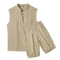 Detailed view of khaki linen sleeveless top and lace-up shorts set for men. - S / Top And Bottom / Khaki
