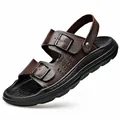 Sandalias de cuero marrón para hombre con hebillas dobles y suela de espuma suave - Marrón