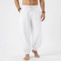 Men's loose white linen joggers with drawstring waist for casual summer beach wear - S / Bottoms / White