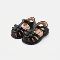 Black toddler girl's sandals with double bow and non-slip soft sole, 7m-3y - Size 16 (Inner 12.5CM) / Black (9829)