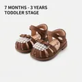 Brown baby girl sandals featuring double bows and checkered toe detail for toddlers - Size 16 (Inner 12.5CM) / Brown (9828)