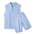 Detailed view of men's sleeveless linen set with side lace-up design in light blue - S / Top And Bottom / Light Blue