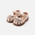 Toddler girls beige hollow sandals with plaid bows for ages 7 months to 3 years old - Size 16 (Inner 12.5CM) / Beige (9828)
