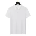 Detailed view of a premium white men's short-sleeved polo shirt on a black hanger - M / Tops / White