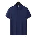Front view of a minimalist navy blue men's ice silk polo shirt on a black hanger. - M / Tops / Navy Blue