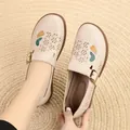 Comfortable beige soft-soled loafers for elderly women featuring embroidered pattern - 38 / Beige