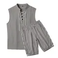 Men's grey linen-style sleeveless lace-up top and matching drawstring shorts set - S / Top And Bottom / Dark Gray