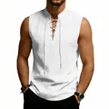 Close-up detail of white linen-textured lace-up sleeveless tank top with medieval style - S / Tops / White