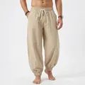 Men's loose khaki linen beach joggers with elastic drawstring waist and side pockets. - Khaki