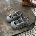 Close-up detail of breathable mesh and adjustable straps on children's sport sandals - Size 28 (Inner Length 18cm) / Grey Green