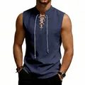 Close-up detail of men's medieval viking sleeveless linen vest with lace-up front - S / Tops / Navy Blue