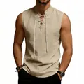 Men's vintage beige linen sleeveless vest with an adjustable lace-up V-neck detail - Khaki