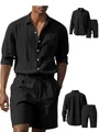 Detail view of men's black linen casual suit showing front and back flat lay views - Black