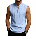 Detail shot of light blue medieval viking sleeveless linen tank top for men with drawstring - Light Blue