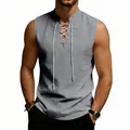 Men's medieval Viking style sleeveless linen vest with adjustable drawstring neck detail - Dark Gray