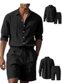 Schwarzes Herren-Set aus Leinenimitat mit langärmeligem Hemd und kurzen Hosen - Schwarz